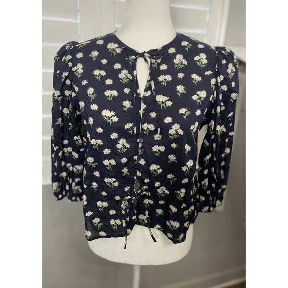 H&M Navy Yellow Daisy Floral Tie Front Blouce Puff Sleeves Top Woman's Size S - Picture 8 of 16